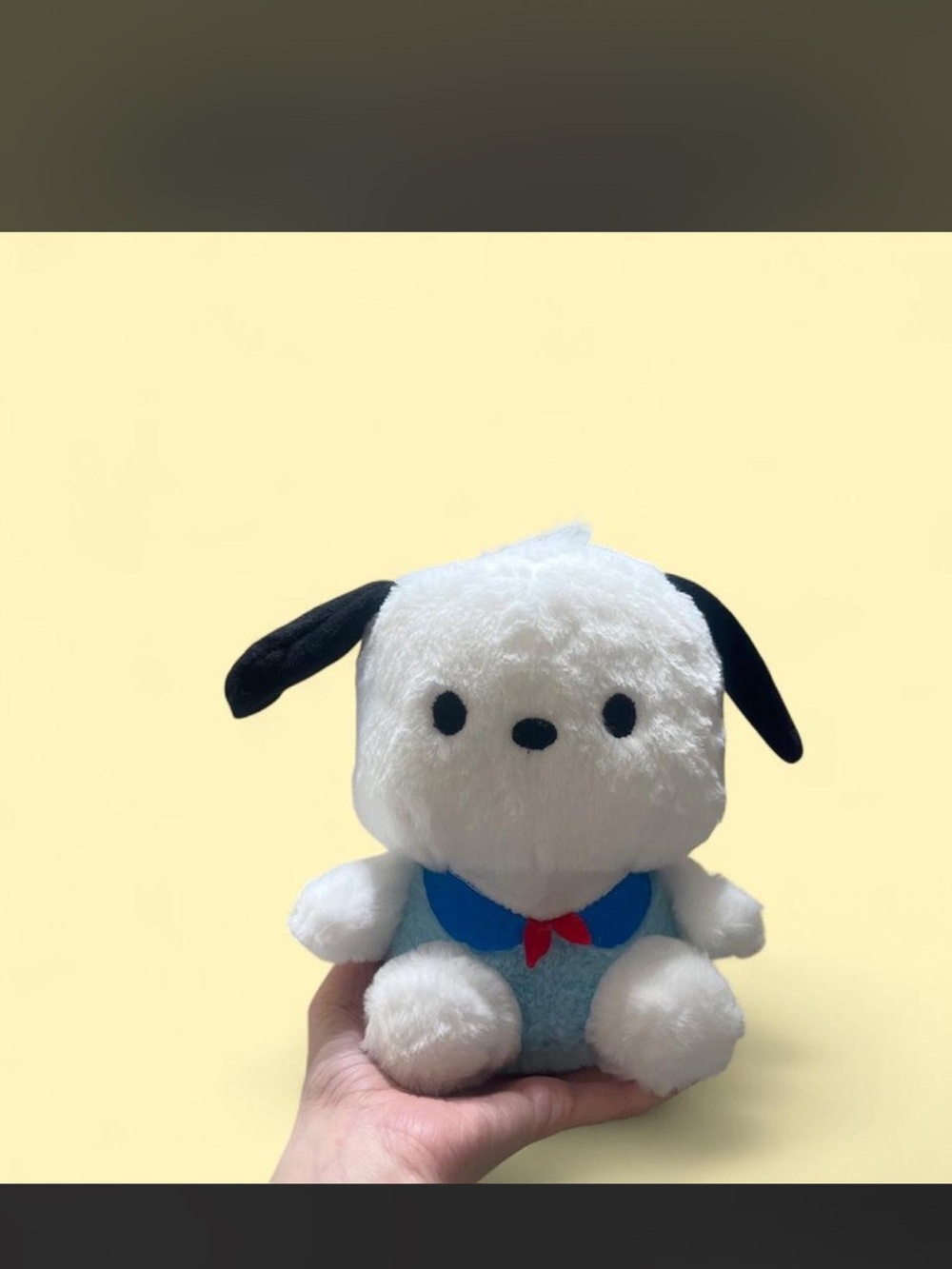 Cute White Plush Puppy with Blue Outfit